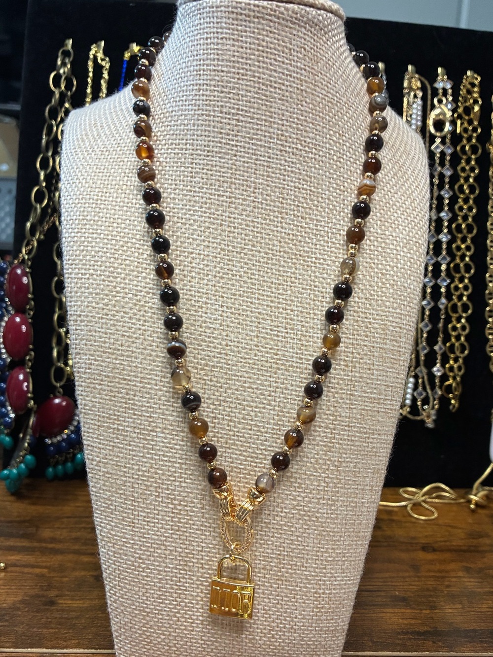 Gold Padlock Pendant Beaded Necklace - Brown Tiger Eye